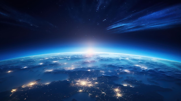 Blauer Weltraum-Hintergrund mit Erde und Galaxie Abstrakte Tapete mit planetarischem Glanz Wissenschaft und Bildung