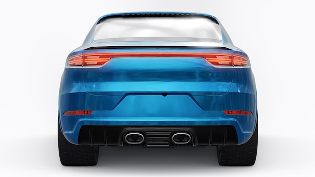 Blaues 3D-Modell eines Sport-SUV in einer Coupé-Karosserie auf weißem Hintergrund 3D-Rendering