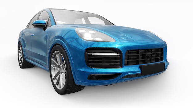 Blaues 3D-Modell eines Sport-SUV in einer Coupé-Karosserie auf weißem Hintergrund 3D-Rendering