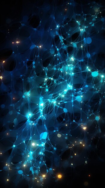 Foto blaues abstrakt leuchtendes neuronales netzwerk mit kleinen leuchtend gelben lichtern