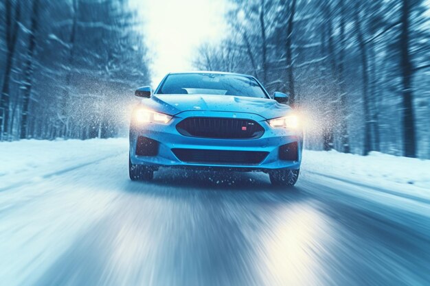 Blaues Auto bewegt sich schnell auf der verschneiten Winterstraße. Bewegungsunschärfe und Schneeflocken fahren sicheres Konzept