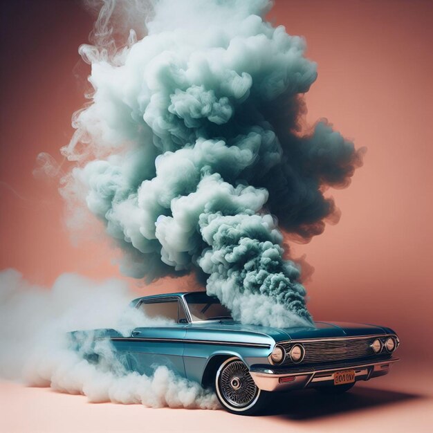 Foto blaues auto, das rauch ausstrahlt