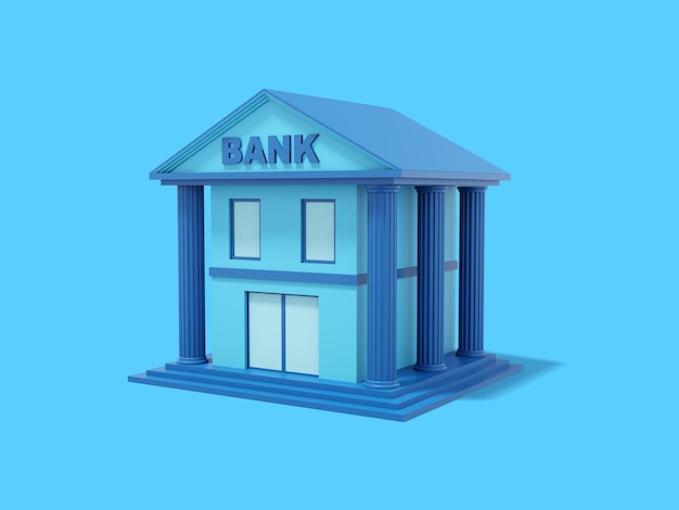 Blaues Bankgebäude mit Säulen auf blauem Hintergrund Isometrische Ansicht 3D-Rendering