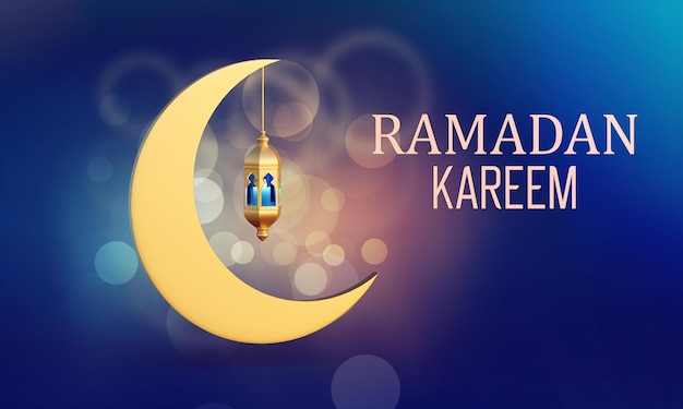 Blaues Banner mit Mond und Laterne für muslimische Feiertage und Ramadan 3D-Rendering