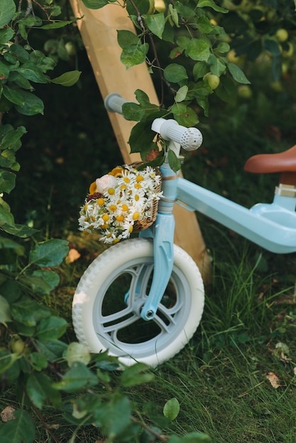 Blaues Fahrrad der Kinder gegen den Hintergrund eines grünen Sommergartens.