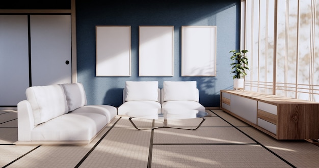 Blaues Farbraumdesign mit Türpapier und Schrankregalwand auf Tatami-Mattenbodenraum im japanischen Stil. 3D-Rendering