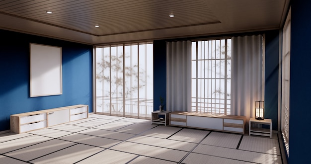 Blaues Farbraumdesign mit Türpapier und Schrankregalwand auf Tatami-Mattenbodenraum im japanischen Stil. 3D-Rendering