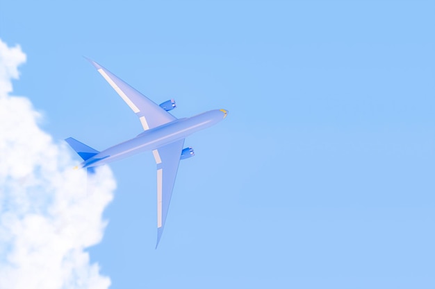Blaues Flugzeug fliegt am Himmel mit Wolken Flugzeug startet und pastellfarbener Hintergrund Fluggesellschaft