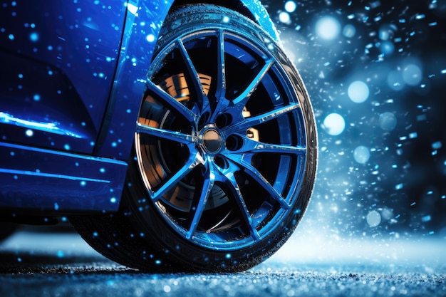 Foto blaues futuristisches auto mit winterreifen auf schneebedeckter straße nahaufnahme auf rädern