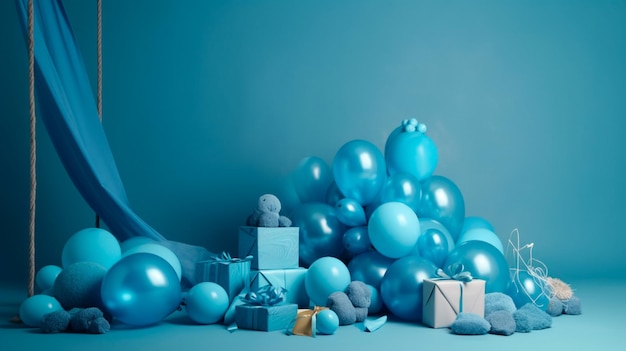 Blaues Geburtstagsdekor mit Ballons und Geschenken ideal für feierliche Hintergründe Generative KI-Illustrator