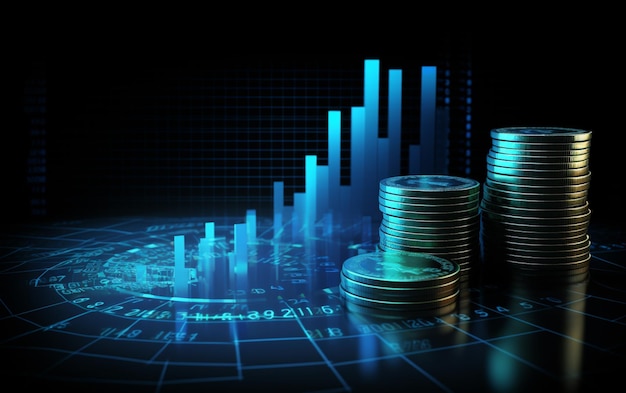 blaues Geld Geschäftsdiagramm Finanzdiagramm Diagramm über die Wirtschaft 3D-Münzen-Hintergrund