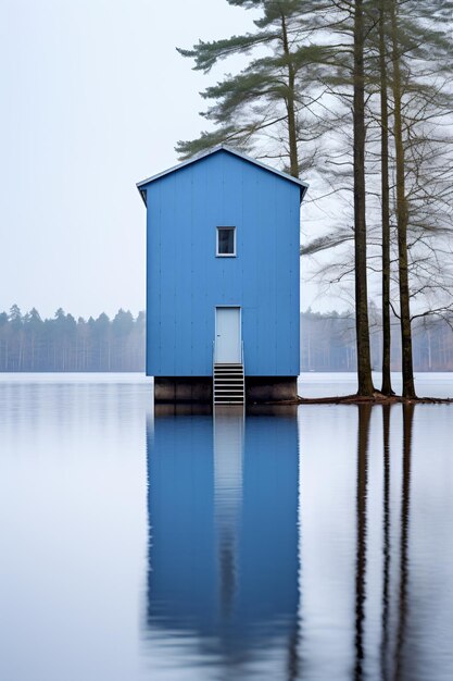 Blaues Haus am See, umgeben von Bäumen