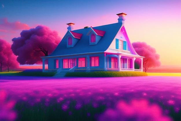 Blaues Haus, umgeben von einem Feld rosafarbener Blumen, Himmel, Sommersonnenuntergang