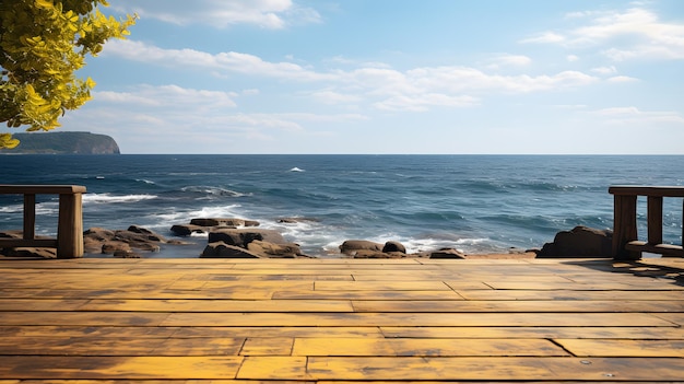 Blaues Horizont-Holzdeck mit Blick auf den Ozean