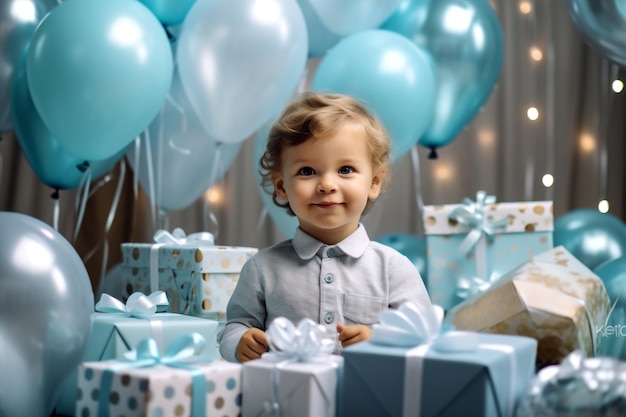Blaues Kind, Partyjunge, Geburtstag, kleiner Ballon, süße Kindheit, generative KI