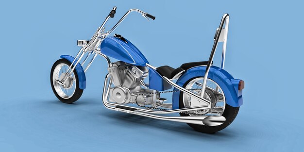 Blaues klassisches benutzerdefiniertes Motorrad auf hellblauem Hintergrund isoliert. 3D-Rendering.