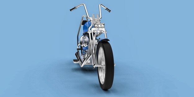 Blaues klassisches benutzerdefiniertes Motorrad auf hellblauem Hintergrund isoliert. 3D-Rendering.