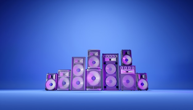 Blaues Lautsprechersystem auf einem blauen Hintergrund in lila Beleuchtung, 3d Illustration