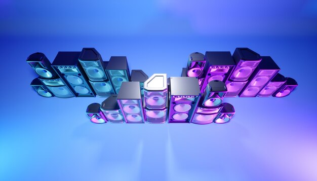 Blaues Lautsprechersystem auf einem blauen Hintergrund in lila Beleuchtung, 3d Illustration