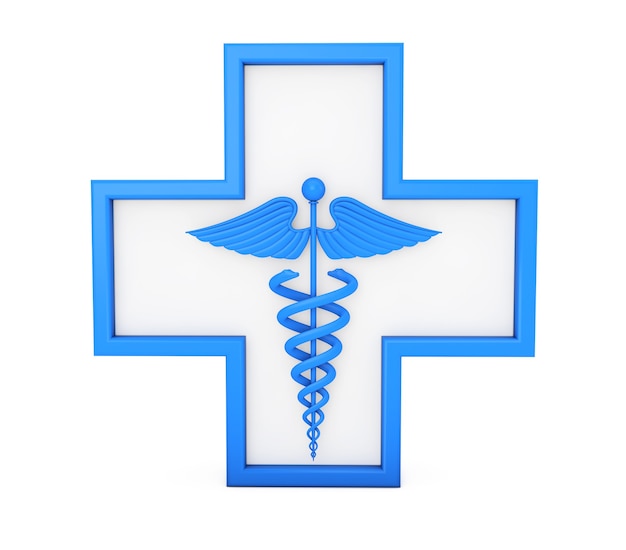 Blaues medizinisches Caduceus-Symbol im Kreuz auf weißem Hintergrund. 3D-Rendering