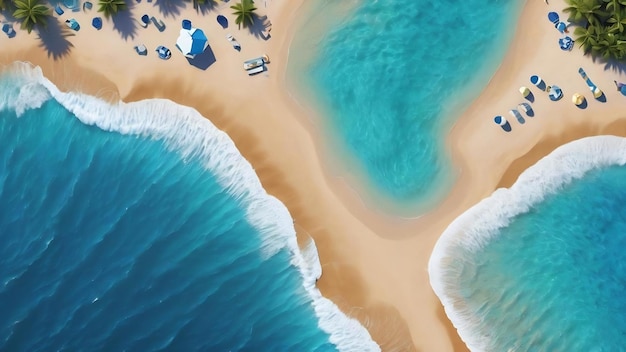 Blaues Meer und Strandhintergrund geschnittenes Papier-Stil Top-View 3D-Illustration
