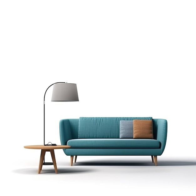 blaues minimalistisches Sofa und Tisch mit Abajur isoliert im Studio realistisch