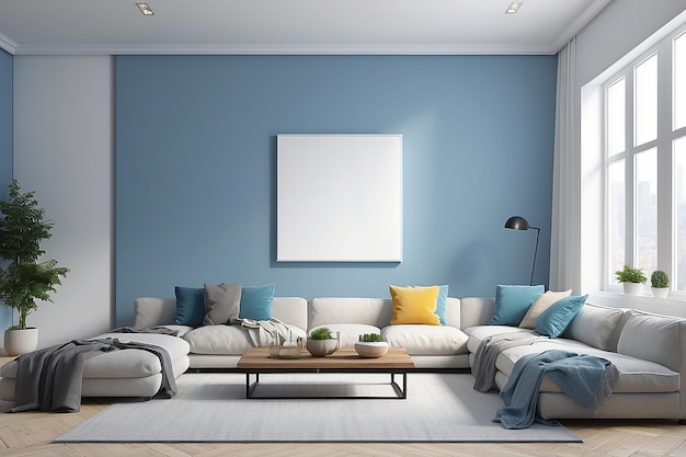 Blaues modernes Wohnzimmer mit leerer Leinwand