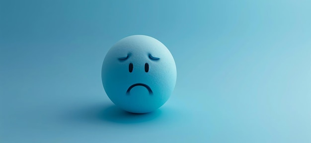 Blaues Montag-Konzept Trauriges Emoji-Gesicht auf hellblauem Hintergrund