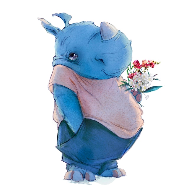 Blaues Nashorn der netten Karikatur mit Blumenblumenstrauß