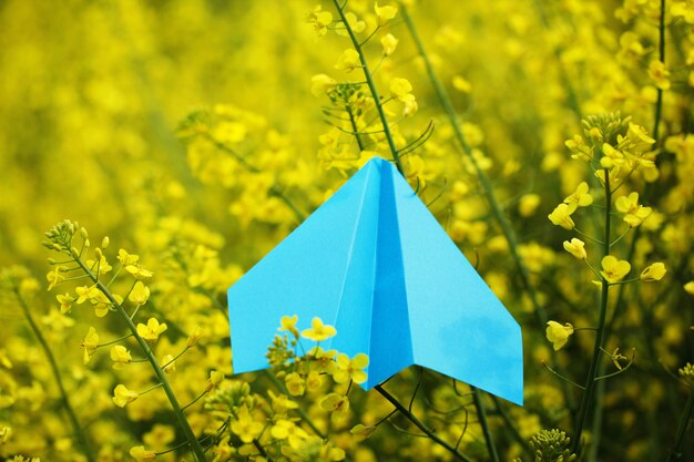 Blaues Papierflugzeug auf gelbem Hintergrund.