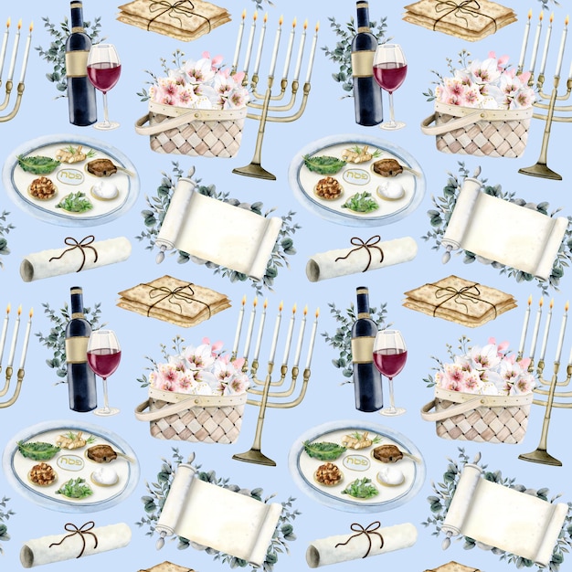 Blaues Pessach-nahtloses Muster mit Aquarellsymbolen blüht Rotwein-Menora-Mazza-Seder-Teller