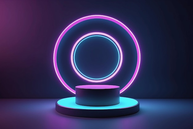 Blaues realistisches 3D-Zylinder-Podium mit leuchtendem Neon in Kreisform
