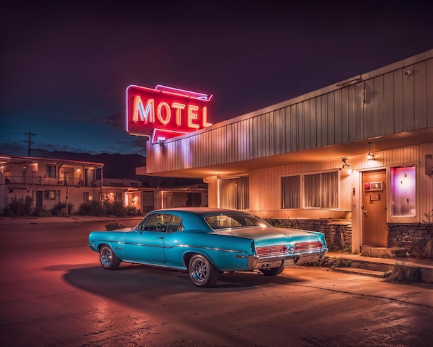 Blaues Retro-Auto in der Nähe des Hotels geparkt