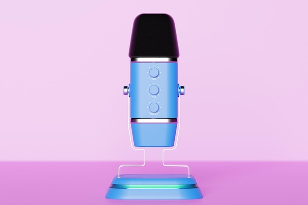 Blaues Retro-Mikrofon isoliert auf einem pastellrosa Hintergrund im minimalen Stil 3D-Rendering