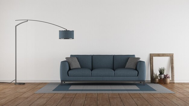 Blaues Sofa in einem minimalistischen Wohnzimmer