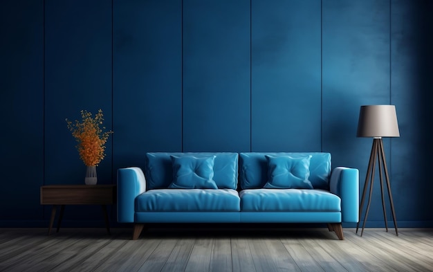 Blaues Sofa und leerer dunkelblauer Wandhintergrund. Generative KI im Innenraum