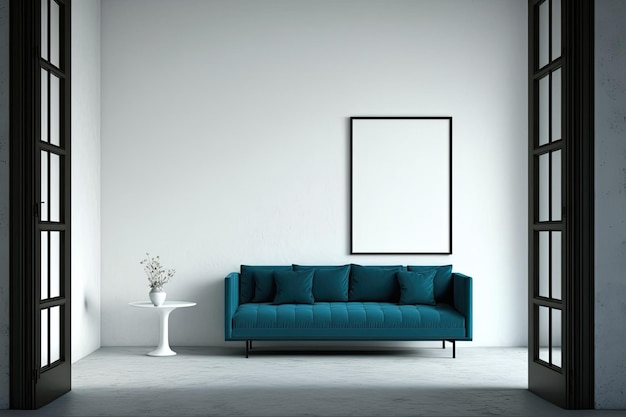 Blaues Sofa und riesiger Rahmen im minimalistischen Wohnzimmer
