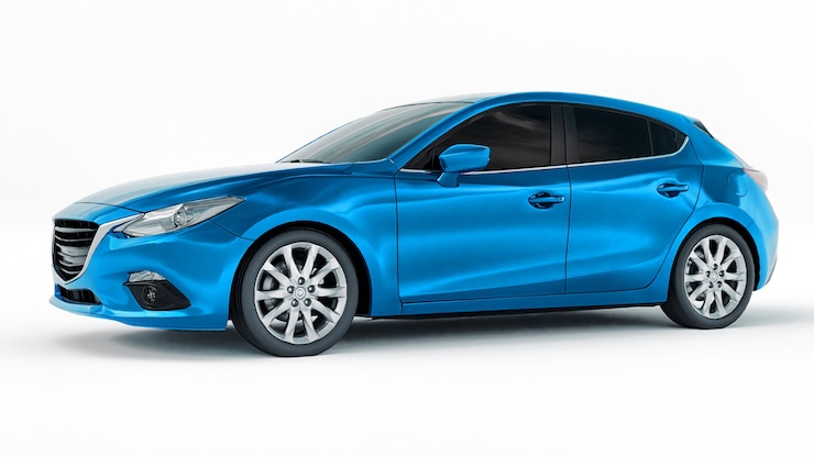 Foto blaues stadtauto mit leerer oberfläche für ihr kreatives design. 3d-rendering.