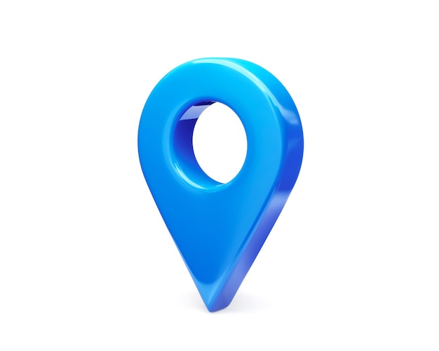 Blaues Standortsymbol 3d des grafischen Elements des GPS-Zeigers oder des Navigationsmarkierungspunktstiftzeichens und des globalen Positionssystemsymbols lokalisiert auf weißem Hintergrund mit der Suche nach Kartenrichtungsnavigatoradresse.
