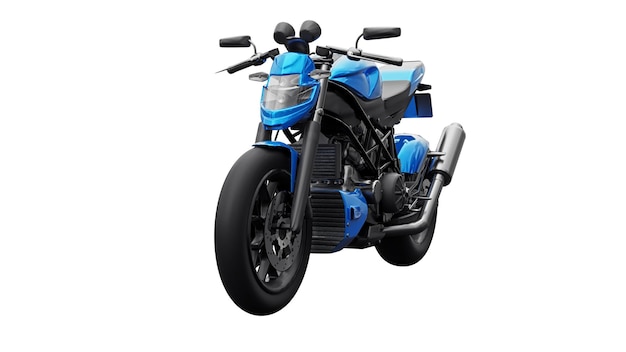 Blaues Supersportmotorrad auf weißem Hintergrund. 3D-Darstellung.