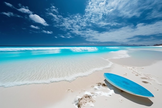 Blaues Surfbrett am Strand Ein minimales kreatives Sommerkonzept Surfen, Schwimmen und erfrischende Inspiration KI-Generation