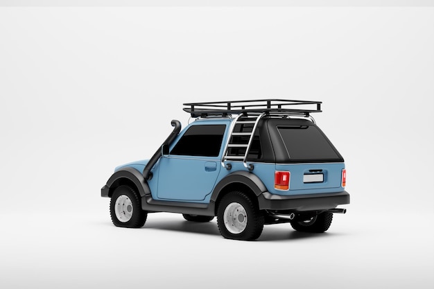 Blaues SUV-Abenteuerfahrzeug isoliert auf weißem Hintergrund 3D-Darstellung