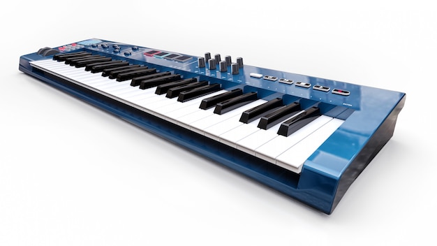 Blaues Synthesizer-MIDI-Keyboard. Nahaufnahme der Synth-Tasten. 3D-Rendering.