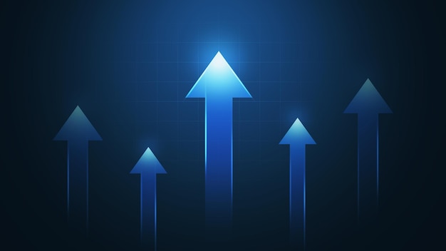 Blaues Technologiepfeilsymbol auf Richtungssymbolhintergrund mit Wachstumsgeschäftsentwicklungskonzept oder Erfolgszeichen erhöhen den Wirtschaftsfinanzpreis und die Marketinggeldfortschrittsnavigation vorwärts