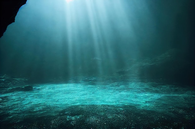 Blaues tropisches Wasser mit Sonnenstrahlen in der Unterwasserhöhle