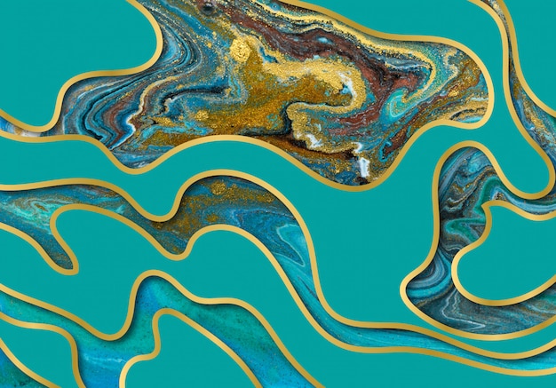 Blaues und goldenes Achat-Wellenmuster. Marmorhintergrund mit Wellenschichten.