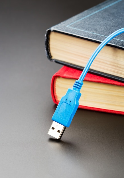 Blaues USB-Kabel liegt auf Büchern. Vertikales Bild