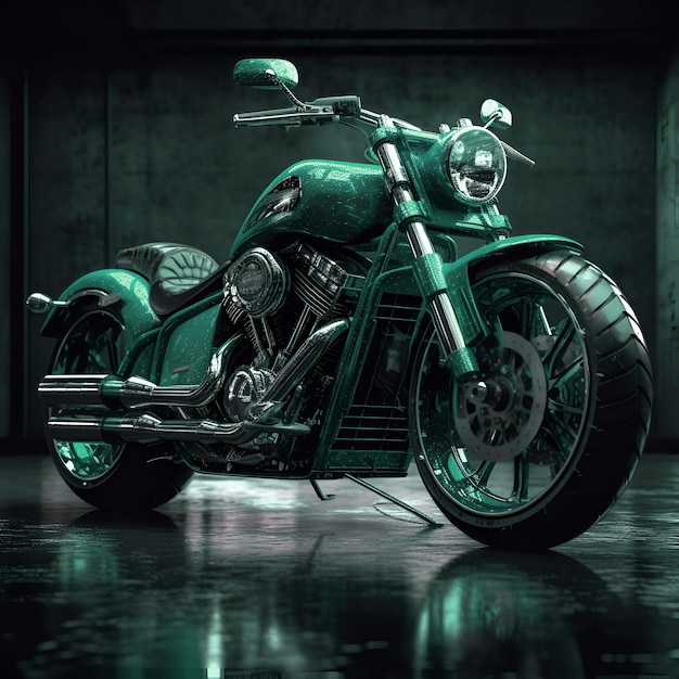 Blaues Vintage-Chopper-Motorrad im dunklen Raum 3D-Rendering