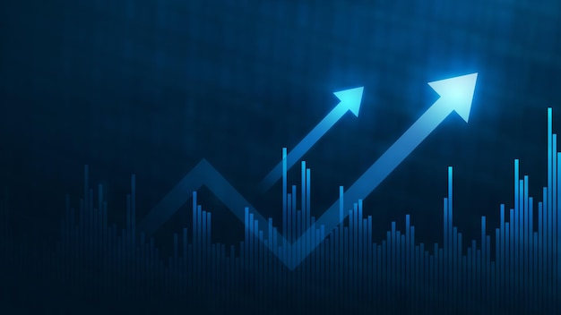 Blaues Wachstumsdiagramm-Geschäftsdiagramm-Datendiagramm auf Erfolgsfinanzdarstellungshintergrund mit abstraktem Aufwärtspfeil-Balkensymbol oder Finanzmarketing-Preisstatistik und Wirtschaftsmarktgewinninvestition