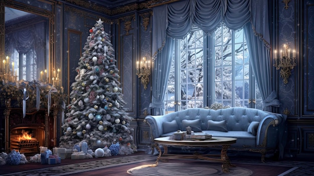 Blaues Weihnachtsinterieur Wohnzimmer mit blauen Wänden, blauem Sofa und Gold und Blau